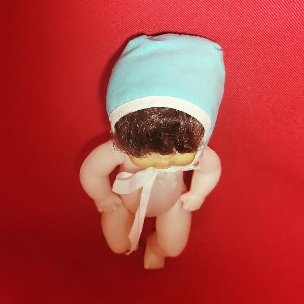 Vintage Collectible Doll Rooted Brown Hair Blue Eyes Blue White Bonnet